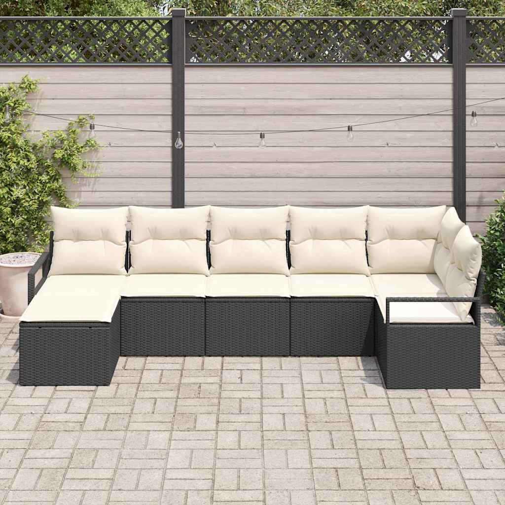 Garten-Sofa-Set mit Kissen mit Speicher 7 pcs Schwarz und Creme